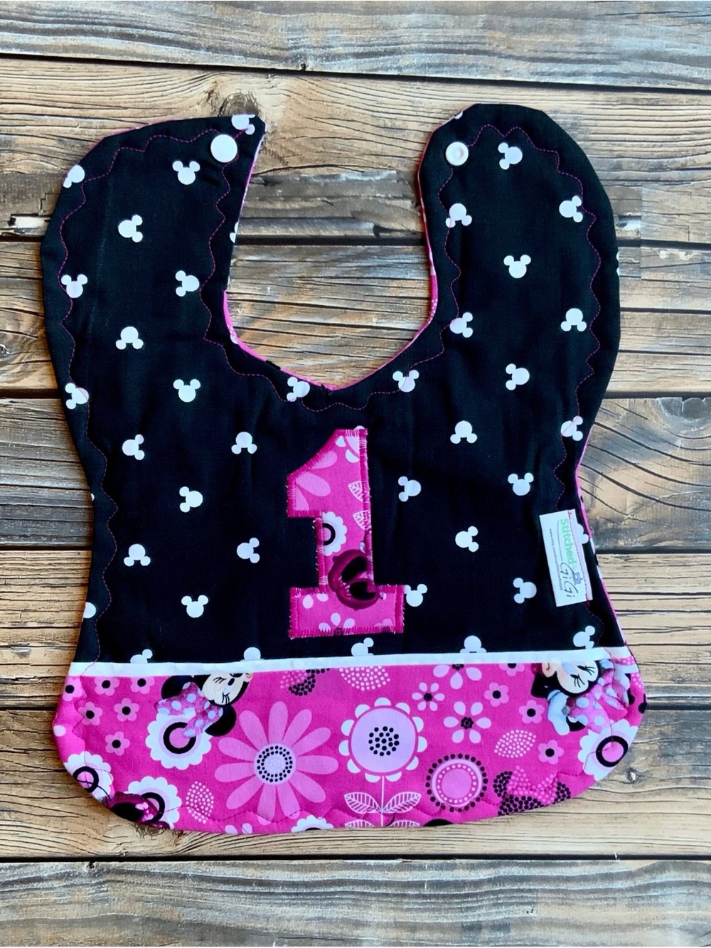 Minnie First Birthday Pink and Black Baby Bib with Number 1